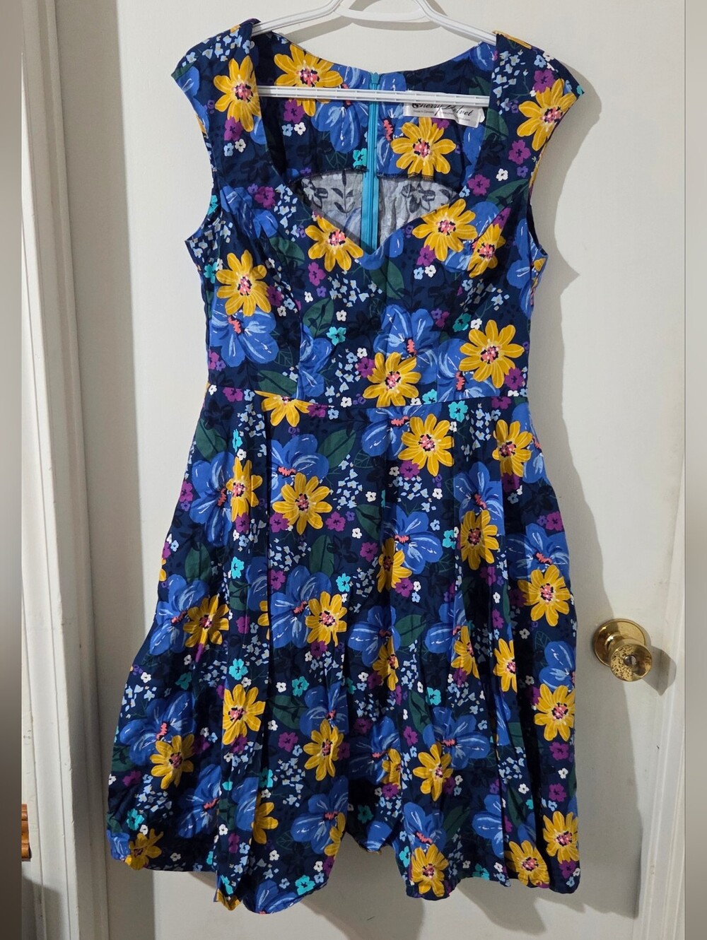 Floral Navy Blue Fit & Flare Dress with Yellow Accents